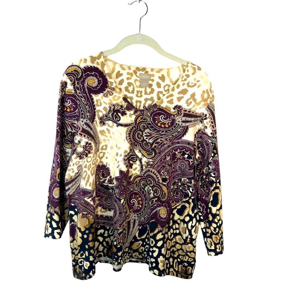 Chico’s Women’s Top Long Sleeve Tee V Neck Paisley Animal Print